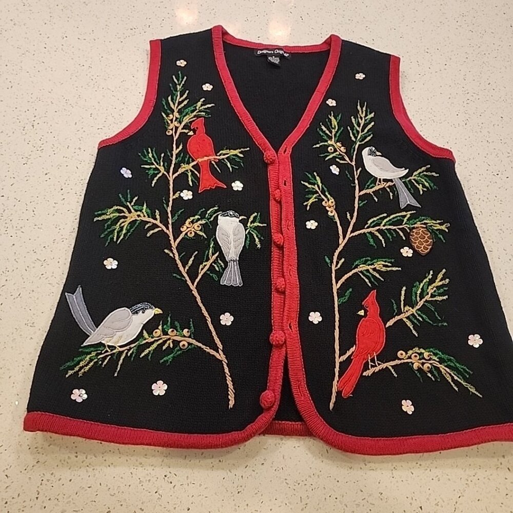 Vintage Embroidered Christmas Cardinals Cardigan Vest Size Small Women's Button